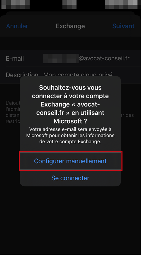 Choix Microsoft pour la configuration de l'exchange iOS
