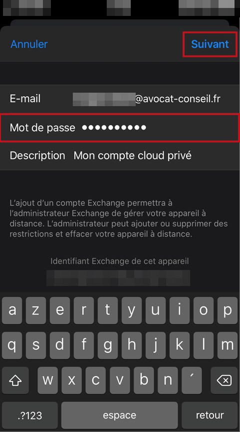 Saisie du mot de passe compte exchange iOS