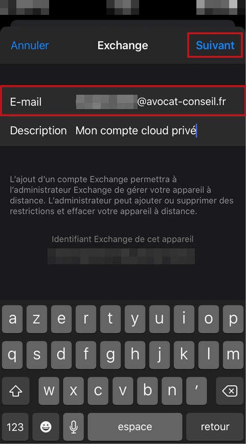 Sélection compte exchange iOS