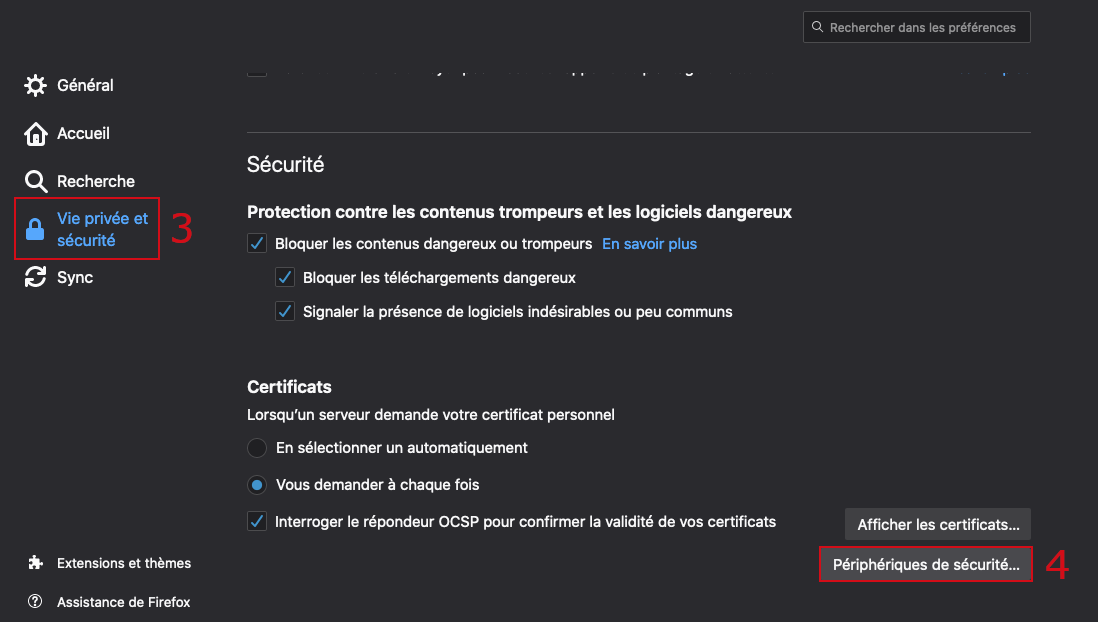 Accès aux préférences Firefox - Périphérique de sécurité